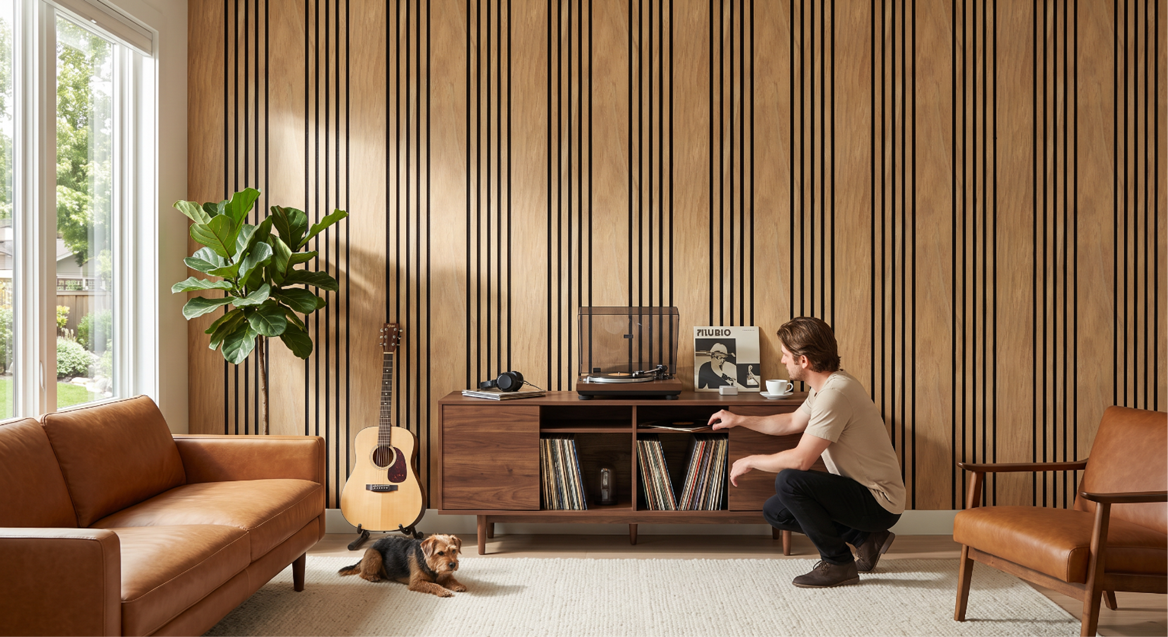 Random MDF acoustic panels in an interior setting