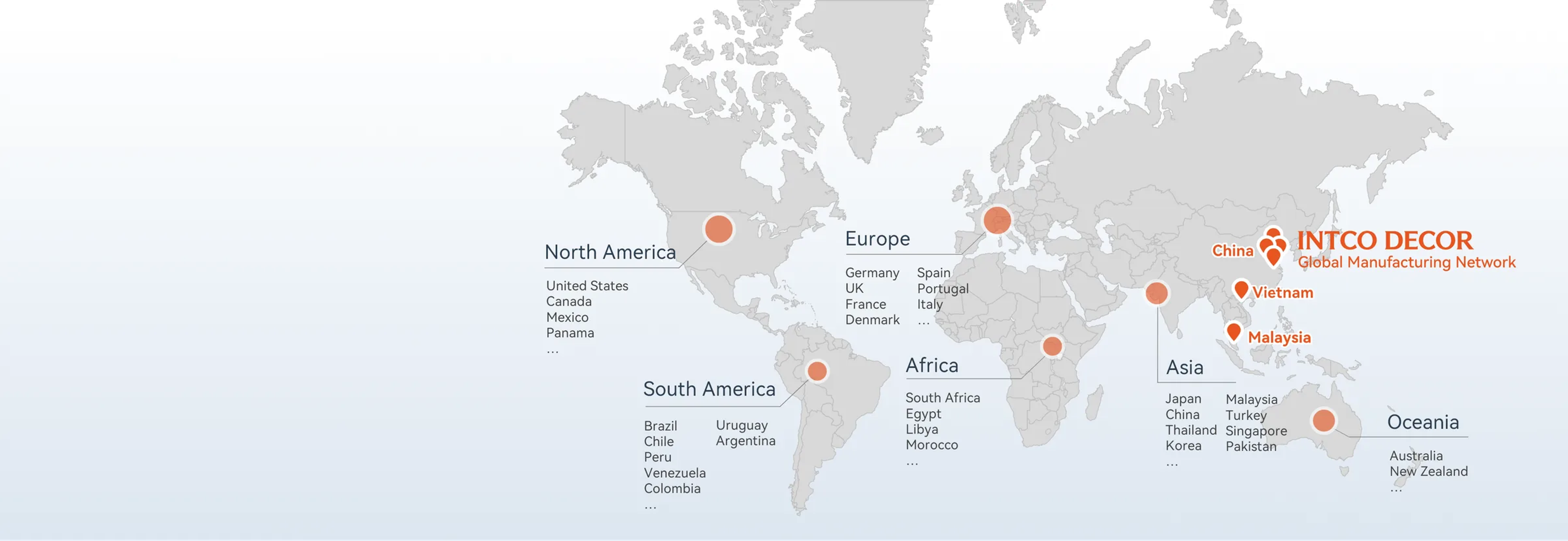 Map of INTCO DECOR's global manufacturing and distribution network