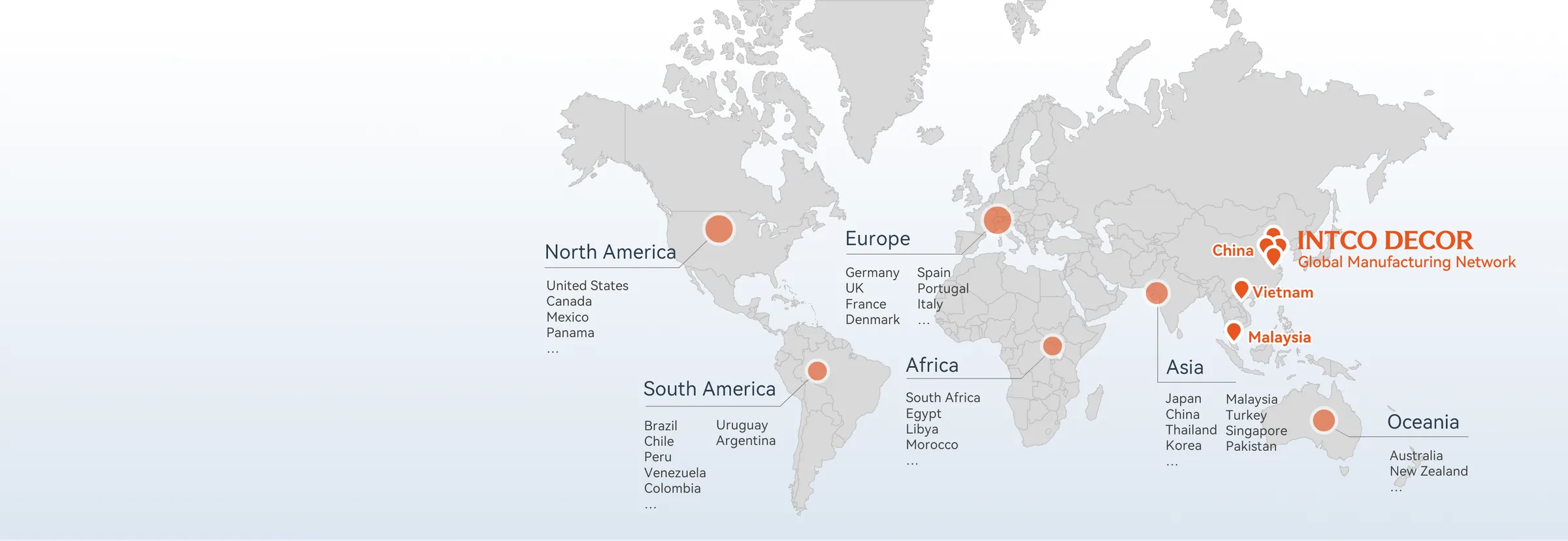 Map of INTCO DECOR's global manufacturing and distribution network