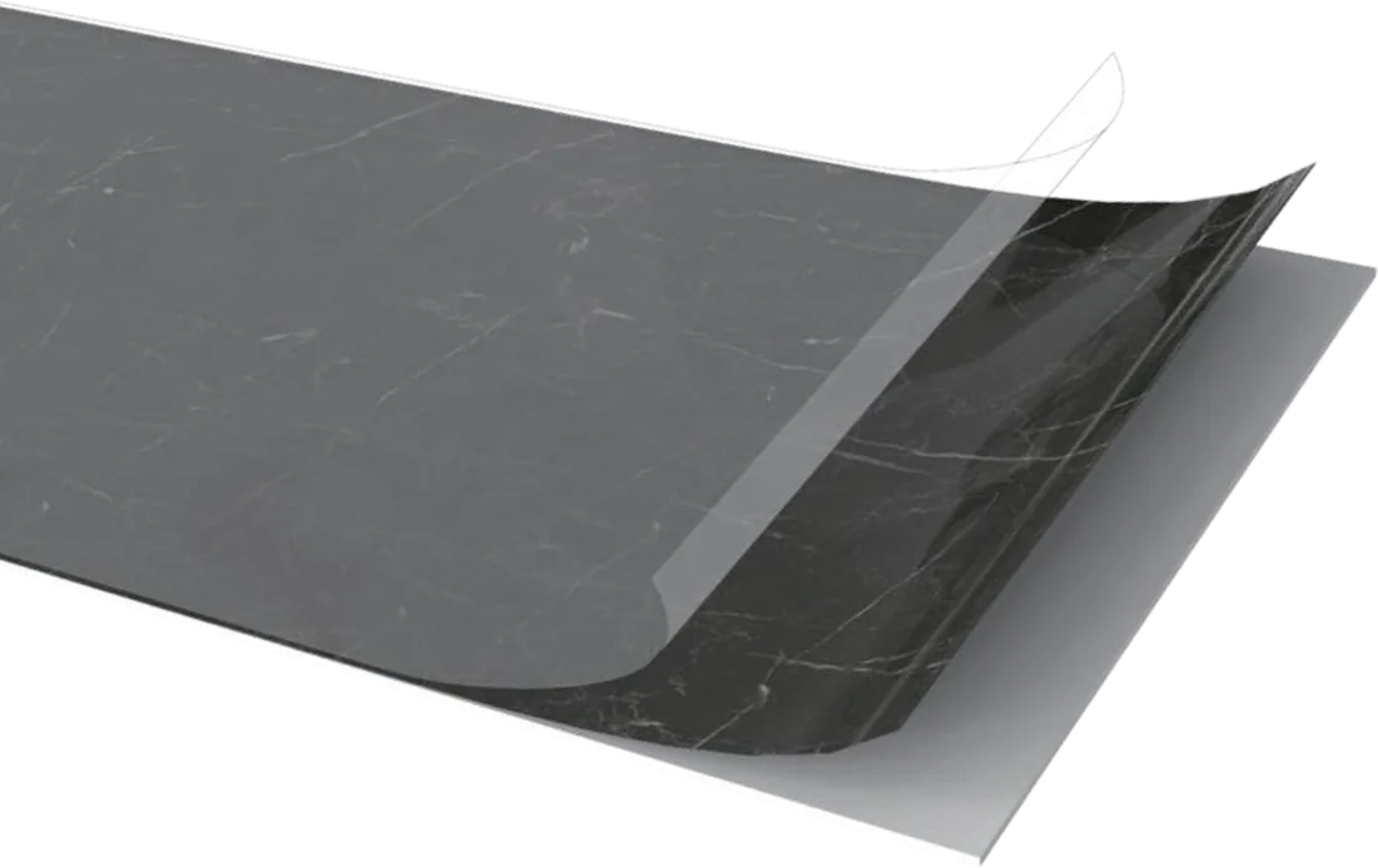 Cutaway of an SPC panel showing the UV coating, decor film and SPC core layers