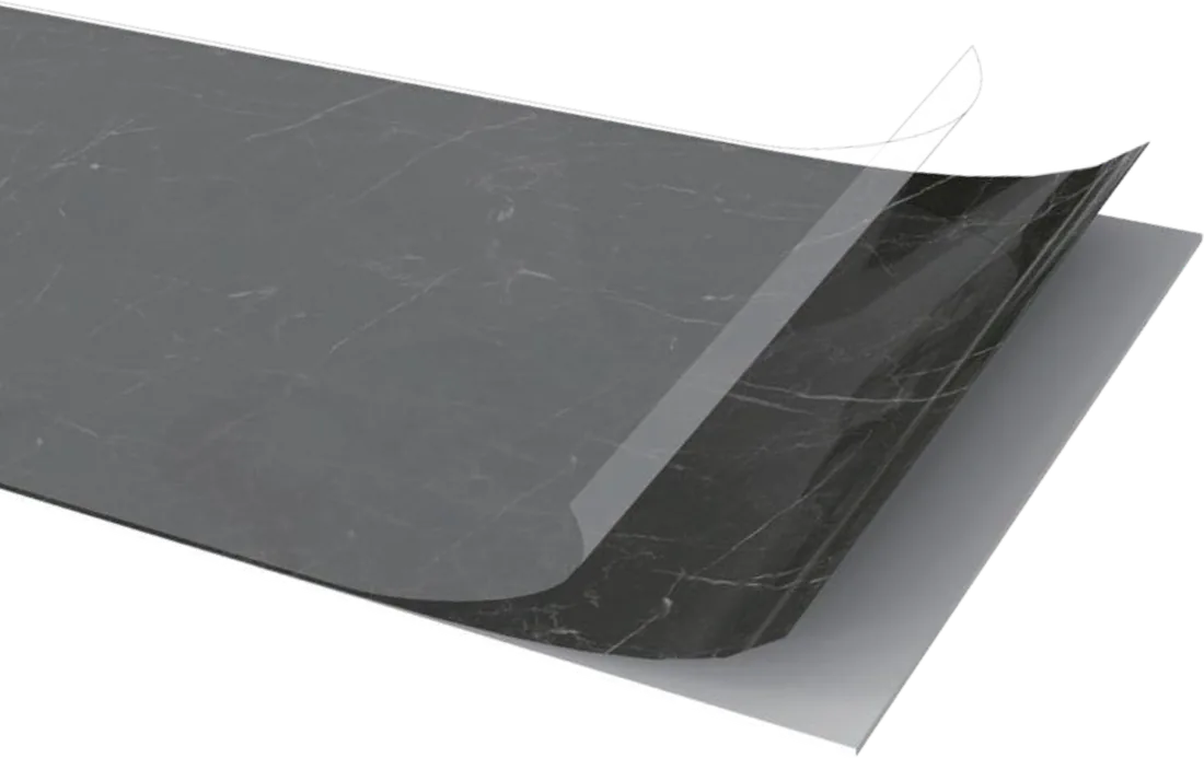Cutaway of an SPC panel showing the UV coating, decor film and SPC core layers