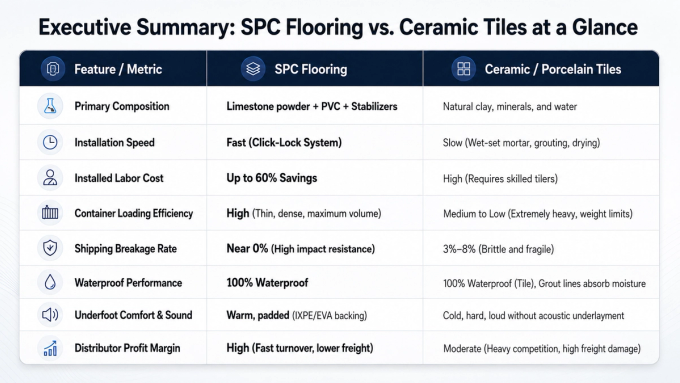 Comparison table of SPC flooring vs ceramic tiles across key performance metrics, installation cost, and freight efficiency.