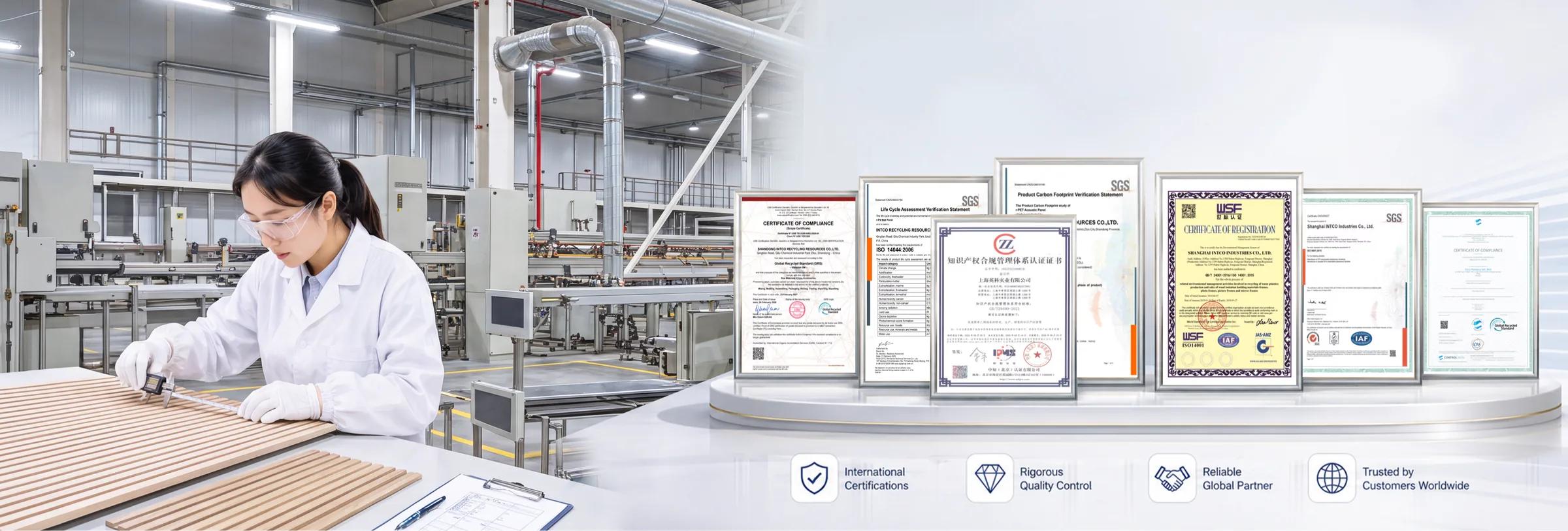 Quality inspection on the production line, alongside INTCO's international certificates