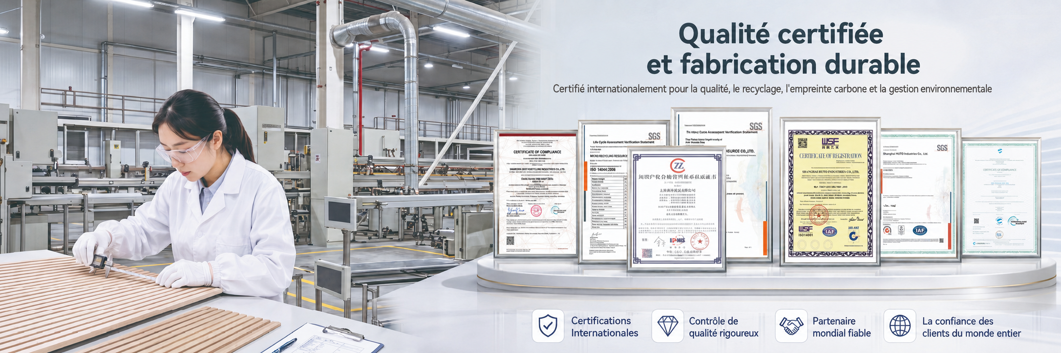 Qualité certifiée et fabrication durable — certifié internationalement pour la qualité, le recyclage, l’empreinte carbone et la gestion environnementale