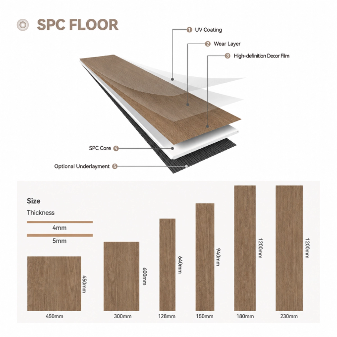 Cross-section layer structure and available size specifications for commercial-grade SPC flooring.