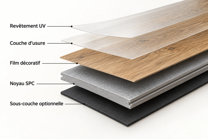 Structure indicative d’un sol SPC : revêtement UV, couche d’usure, film décoratif haute définition, noyau SPC et sous-couche optionnelle. La composition exacte dépend de la référence choisie.
