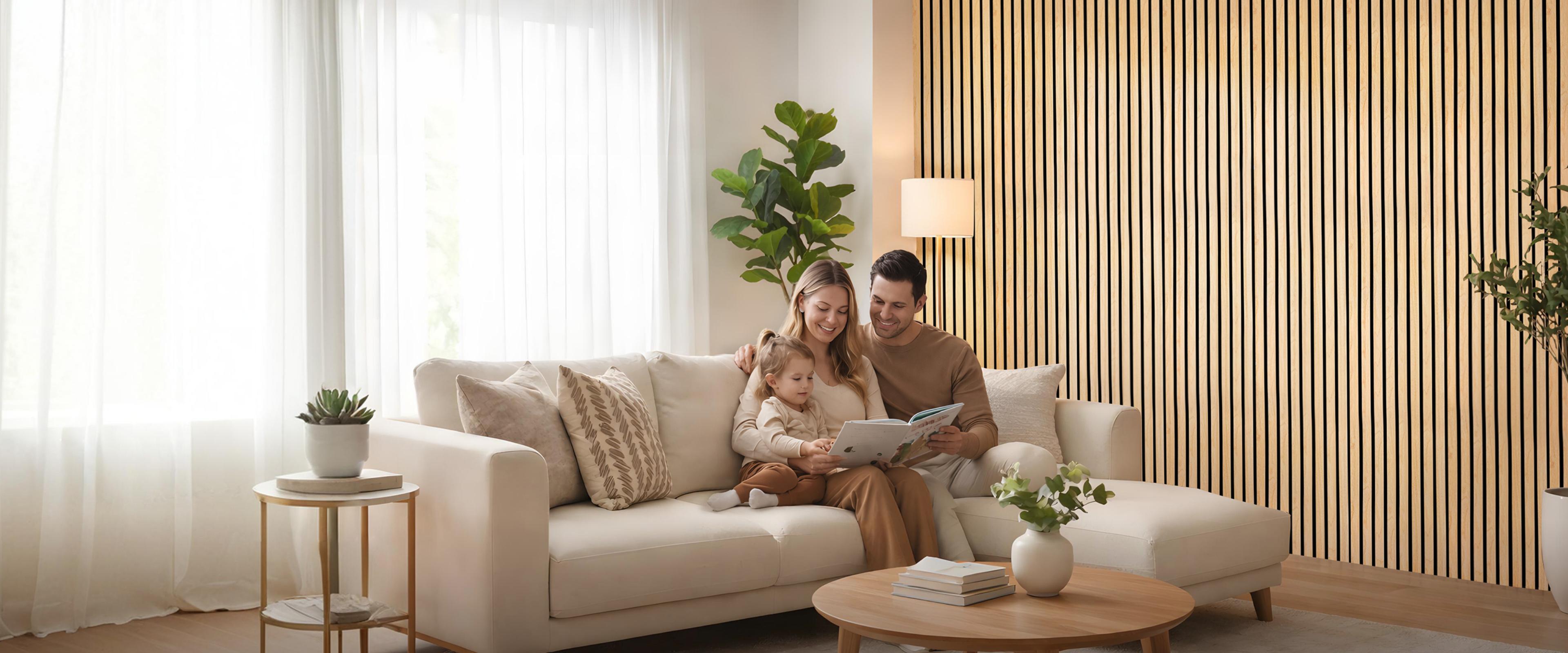A family reading on a sofa in front of a full-height oak MDF acoustic slat wall