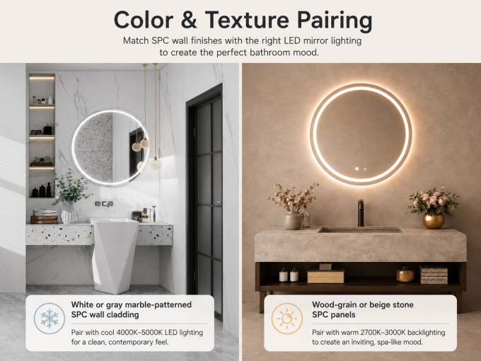 White or gray marble SPC paired with cool white LED lighting creates a clean, contemporary bathroom look. Beige stone or wood-grain SPC with warm LED lighting brings a cozy, spa-like atmosphere.