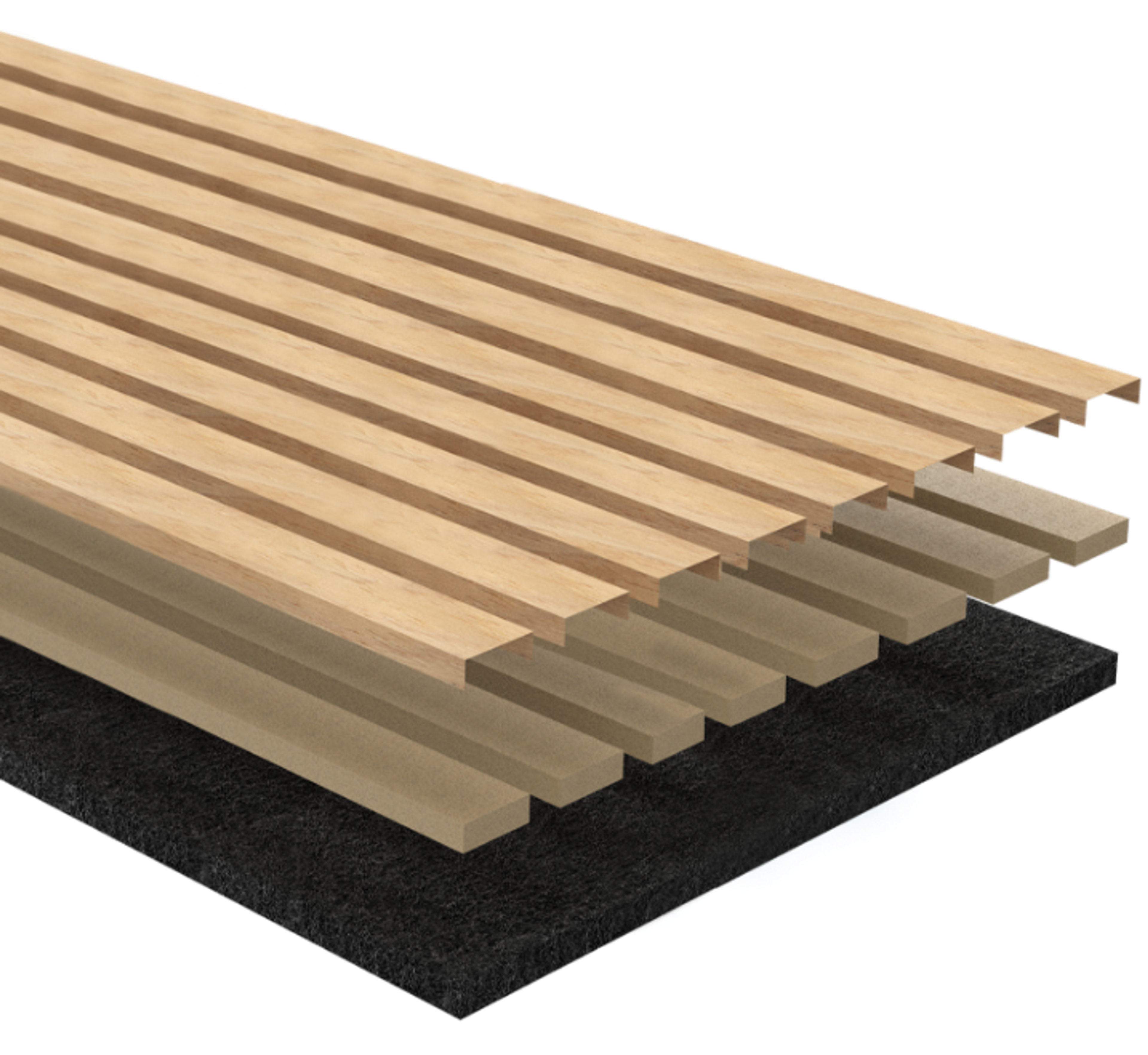 Cutaway of an MDF acoustic panel: slatted veneer over an MDF board on a PET fibre backing