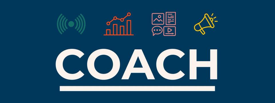 Coach logo on a dark blue background, with four small icons for broadcasting, analytics, content and advertising.