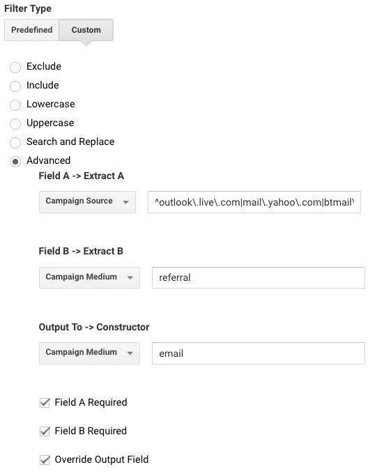 Universal Analytics custom Advanced filter: where Campaign Source matches '^outlook\.live\.com|mail\.yahoo\.com|btmail...' and Campaign Medium is 'referral', set Campaign Medium to 'email'.
