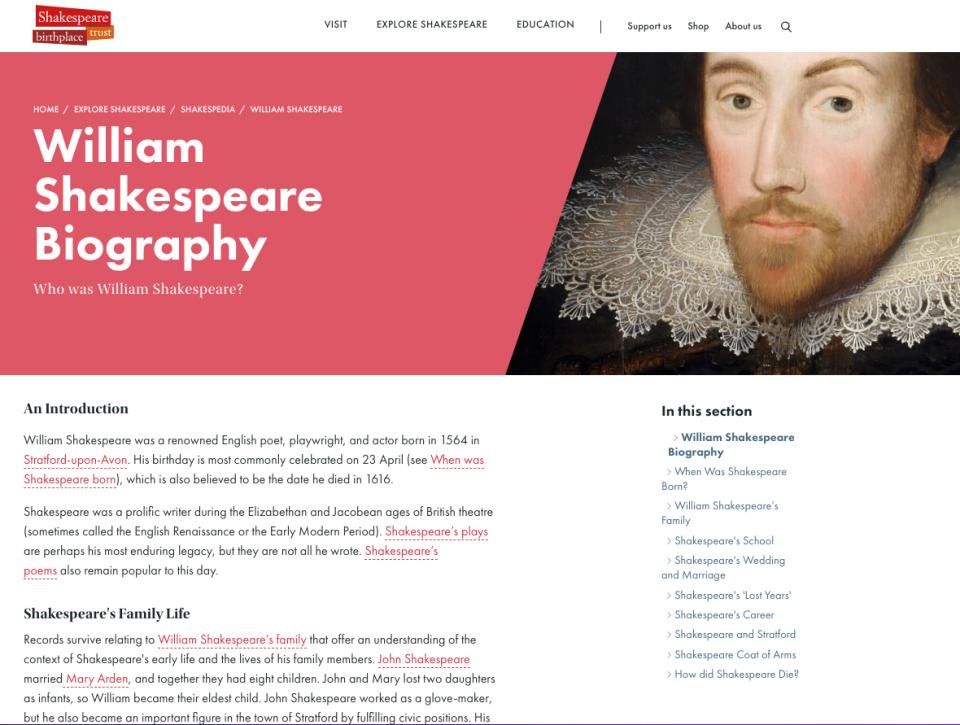 Shakespeare Birthplace Trust web page 'William Shakespeare Biography', with a portrait of Shakespeare, an introduction and a contents list down the right.