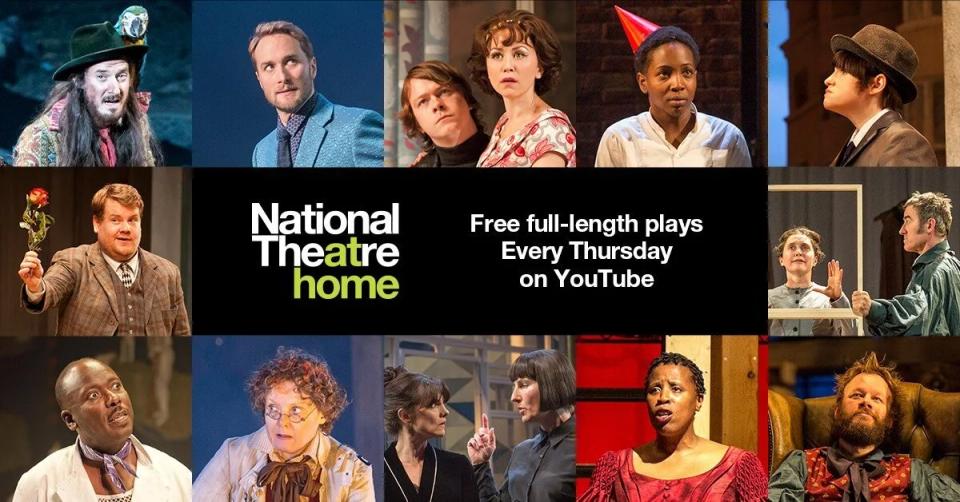 National Theatre at Home promotional graphic: a grid of production photos around the text 'Free full-length plays every Thursday on YouTube'.