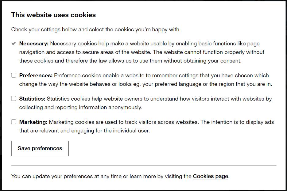 Cookie settings window listing Necessary (ticked), Preferences, Statistics and Marketing (unticked), with a 'Save preferences' button.