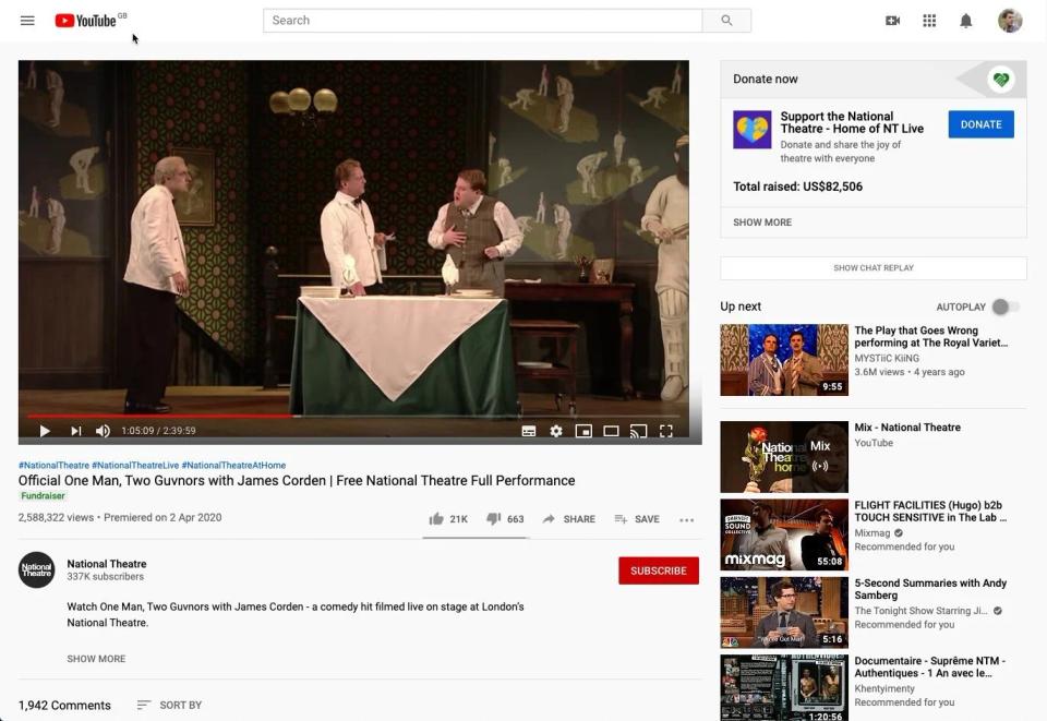 YouTube premiere of One Man, Two Guvnors on the National Theatre channel, showing 2.59 million views, a donation box with US$82,506 raised and a live chat panel.