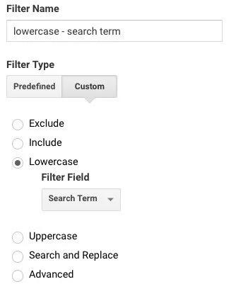 Universal Analytics custom filter named 'lowercase - search term', with Lowercase selected and Search Term as the filter field.