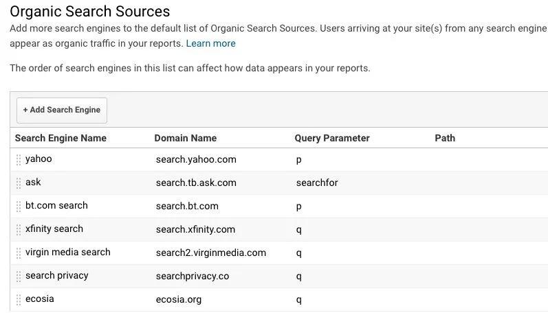 Universal Analytics 'Organic Search Sources' list of added search engines, such as Yahoo, Ask, BT, Xfinity, Virgin Media, Search Privacy and Ecosia, each with its domain and query parameter.