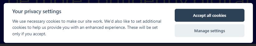 Cookie banner, 'Your privacy settings', with a dark 'Accept all cookies' button above a paler 'Manage settings' button.