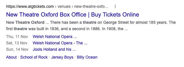 The New Theatre Oxford uses schema markup to display upcoming events at their venue.