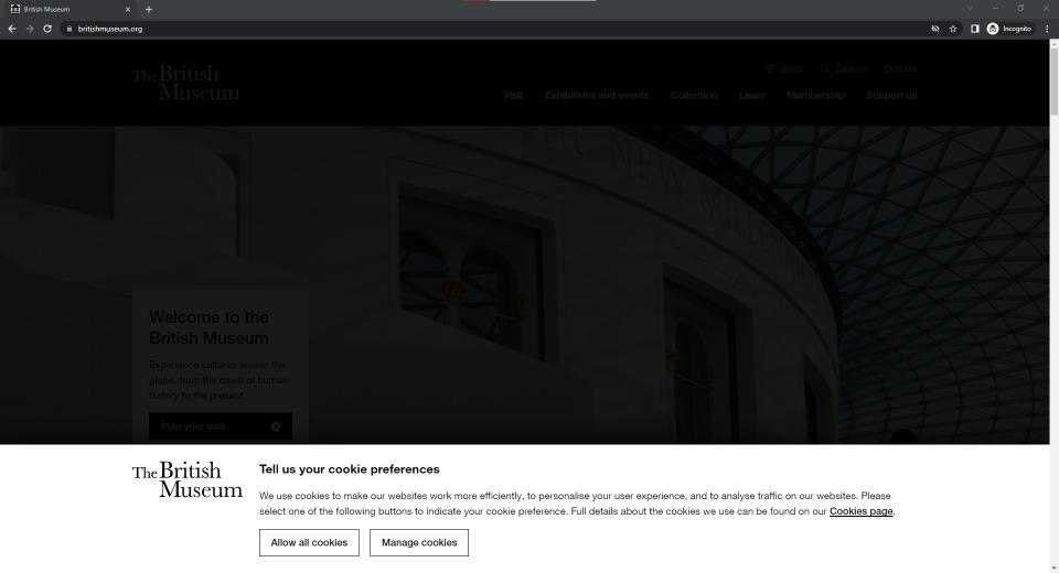 British Museum homepage dimmed behind a cookie banner, 'Tell us your cookie preferences', with 'Allow all cookies' and 'Manage cookies' buttons.