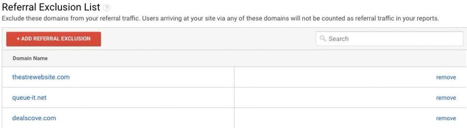 Universal Analytics Referral Exclusion List with three domains added: theatrewebsite.com, queue-it.net and dealscove.com.