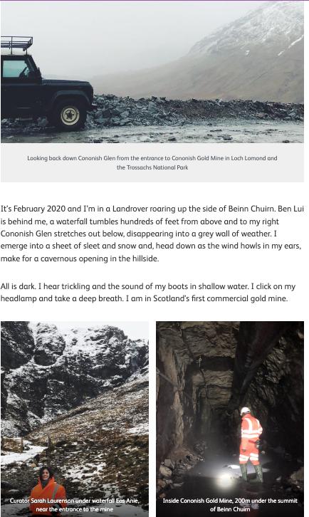 National Museums Scotland article 'Into the Hills: Digging for Scottish Gold', with photos of a Land Rover in Cononish Glen, the curator by a waterfall, and a figure inside Cononish Gold Mine.