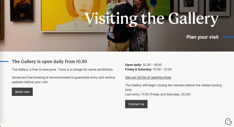 The National Portrait Gallery ’s Visit page is detailed and contains many links to other sections of the website, with descriptive text and clear calls to action.