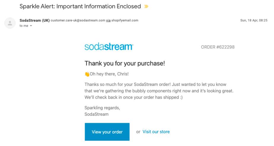 SodaStream order confirmation email, 'Thank you for your purchase!', with a playful, friendly message, an order number and a 'View your order' button.