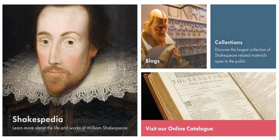 Shakespeare Birthplace Trust homepage tiles: Shakespedia, Blogs, Collections and 'Visit our Online Catalogue', with a portrait of Shakespeare and an open First Folio.
