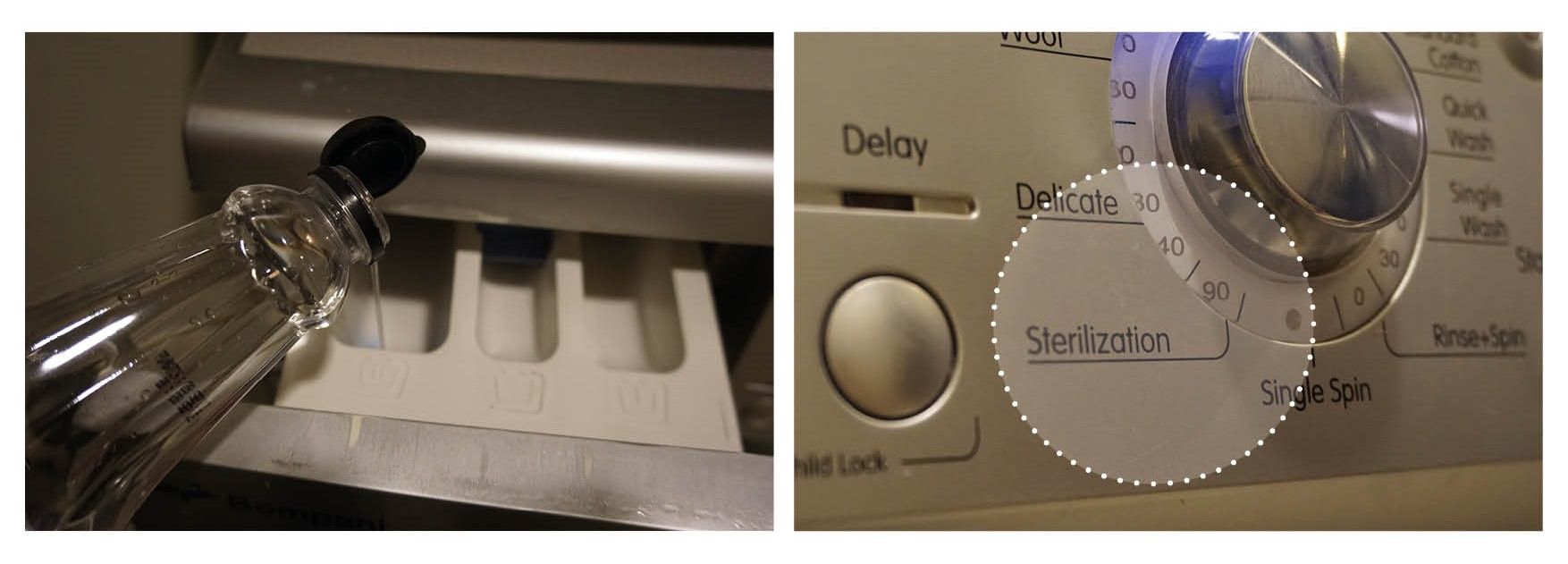 Bildet viser at man kan rense vaskemaskin med eddik og 90-graders program, rens vaskemaskin