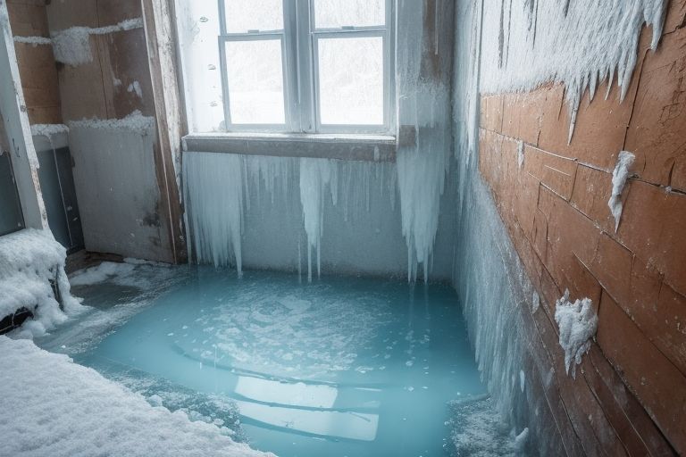 bildet viser et rom med vannlekkasje og frostskader, lekkasje