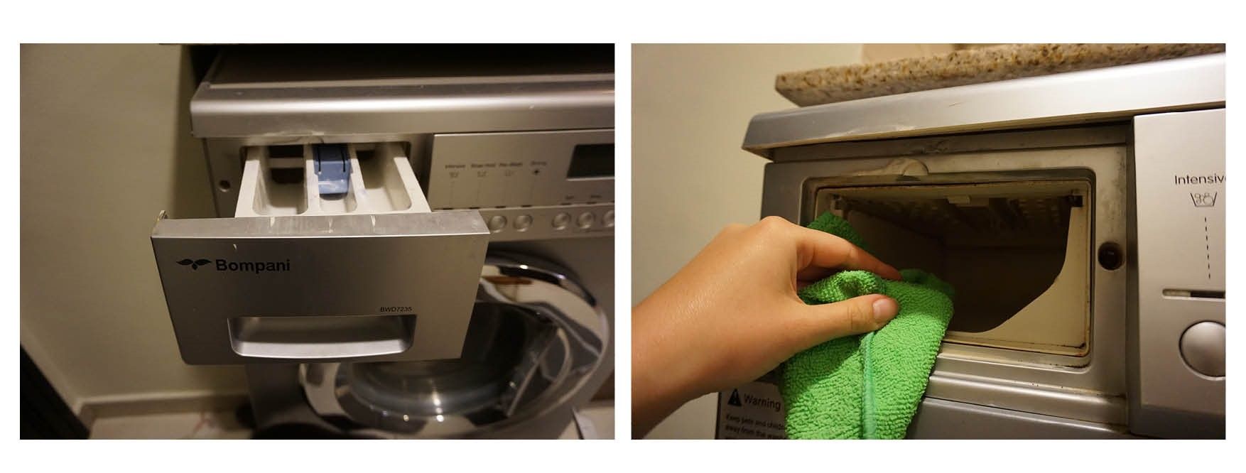 Bildet viser rens av såpeskuffen, rens vaskemaskin