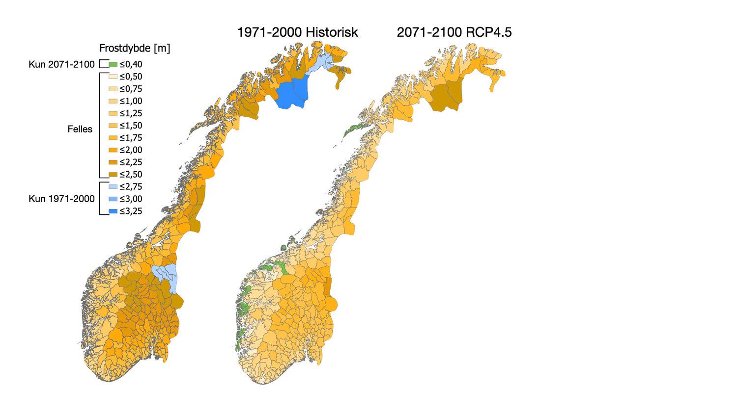 illustrasjon viser ulike frostdyber over hele landet, frostdybde