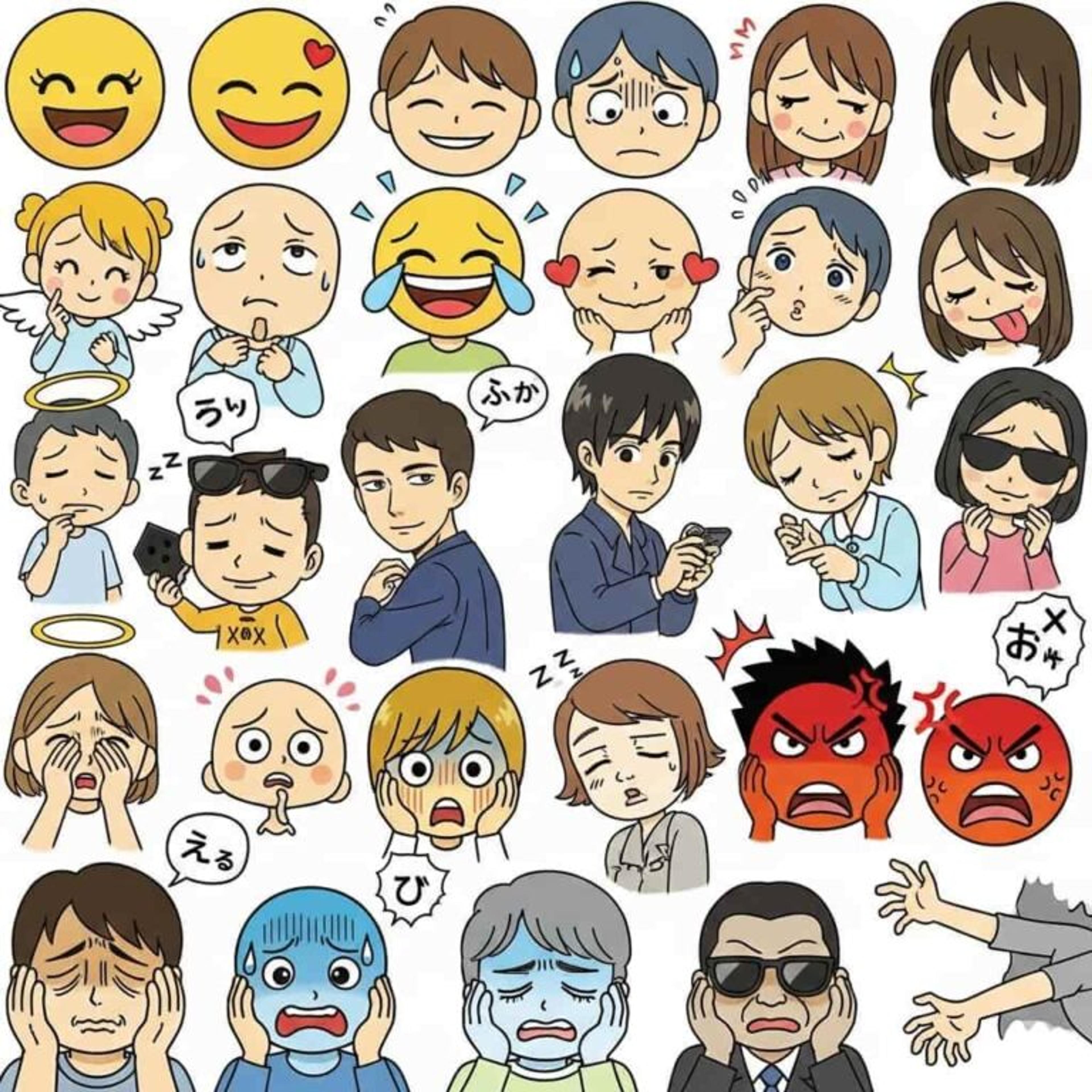 columns of anime style illustrations representing common emoji for example smiling, laughing, angry and crying
