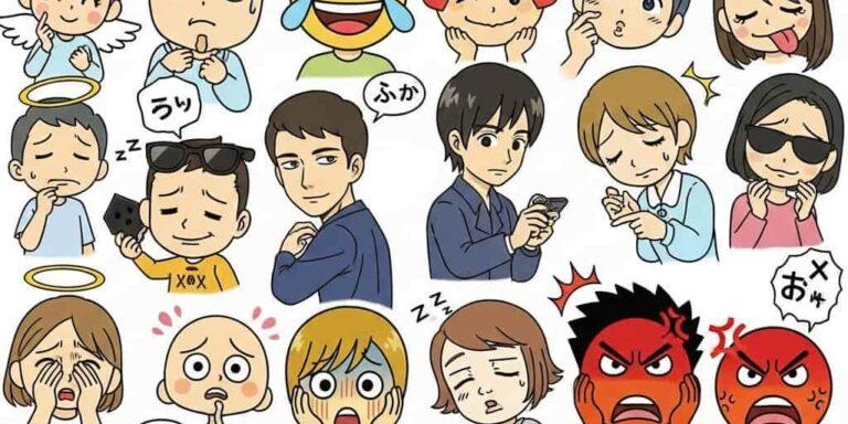 columns of anime style illustrations representing common emoji for example smiling, laughing, angry and crying