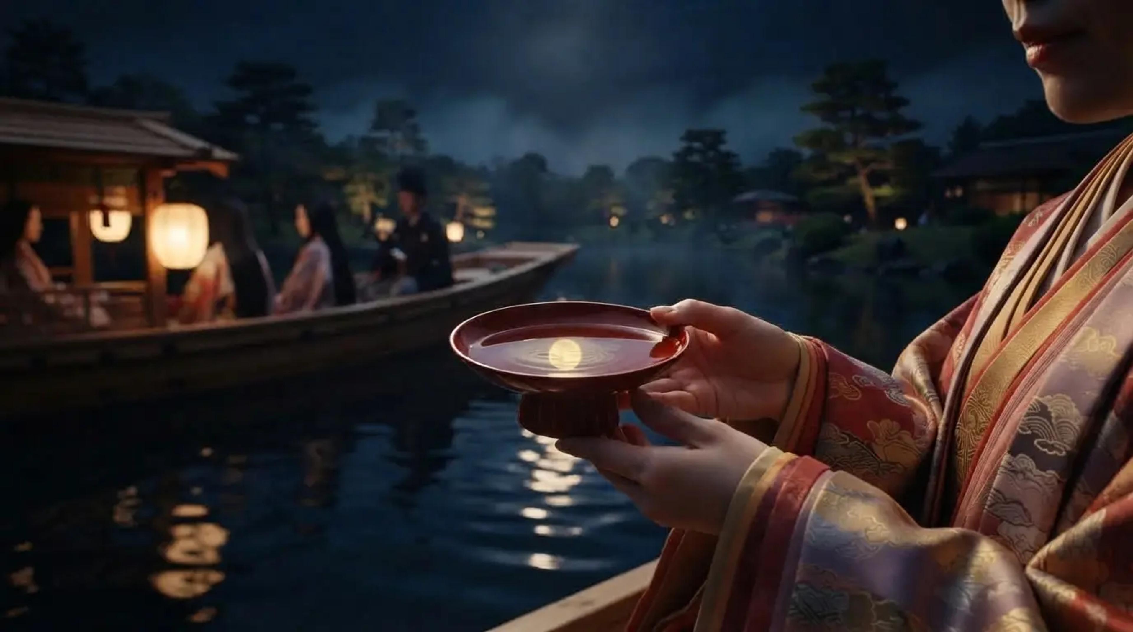 Close-up of a red lacquer sake cup holding a shimmering golden moon reflection during a Heian-period Tsukimi celebration.