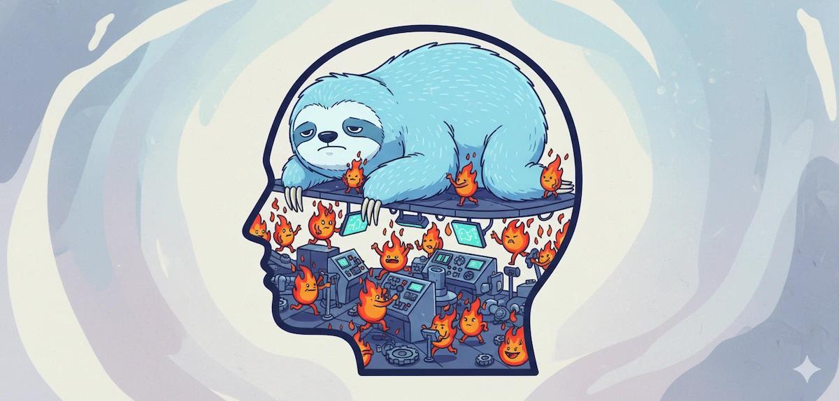 Cartoon illustration of a person's head, showing a giant sloth symbolizing laziness crushing small flame-like motivation characters inside, representing the feeling of "too much trouble" or procrastination.