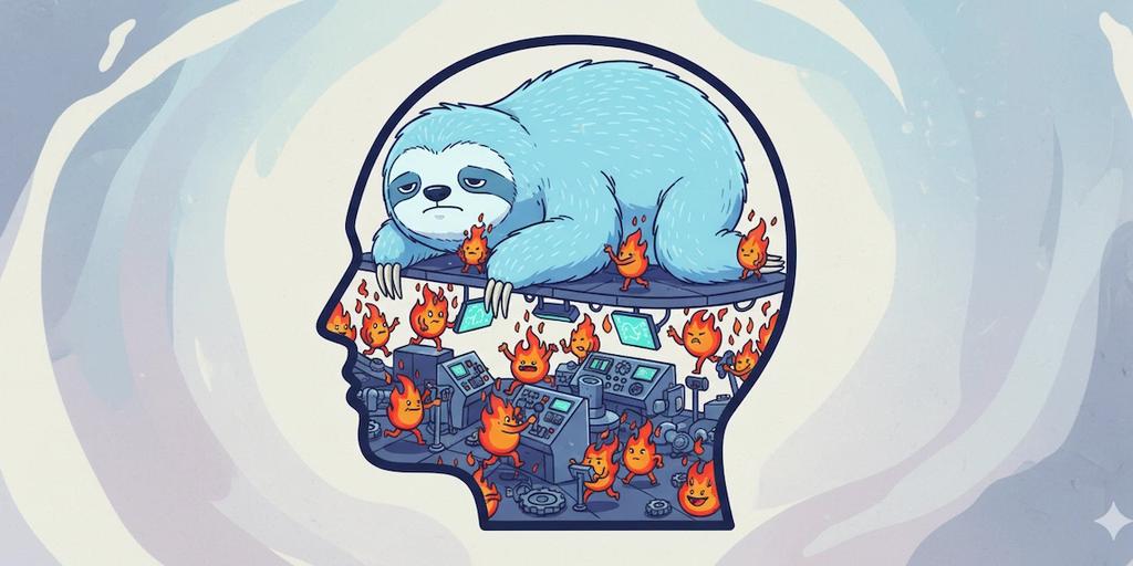Cartoon illustration of a person's head, showing a giant sloth symbolizing laziness crushing small flame-like motivation characters inside, representing the feeling of "too much trouble" or procrastination.