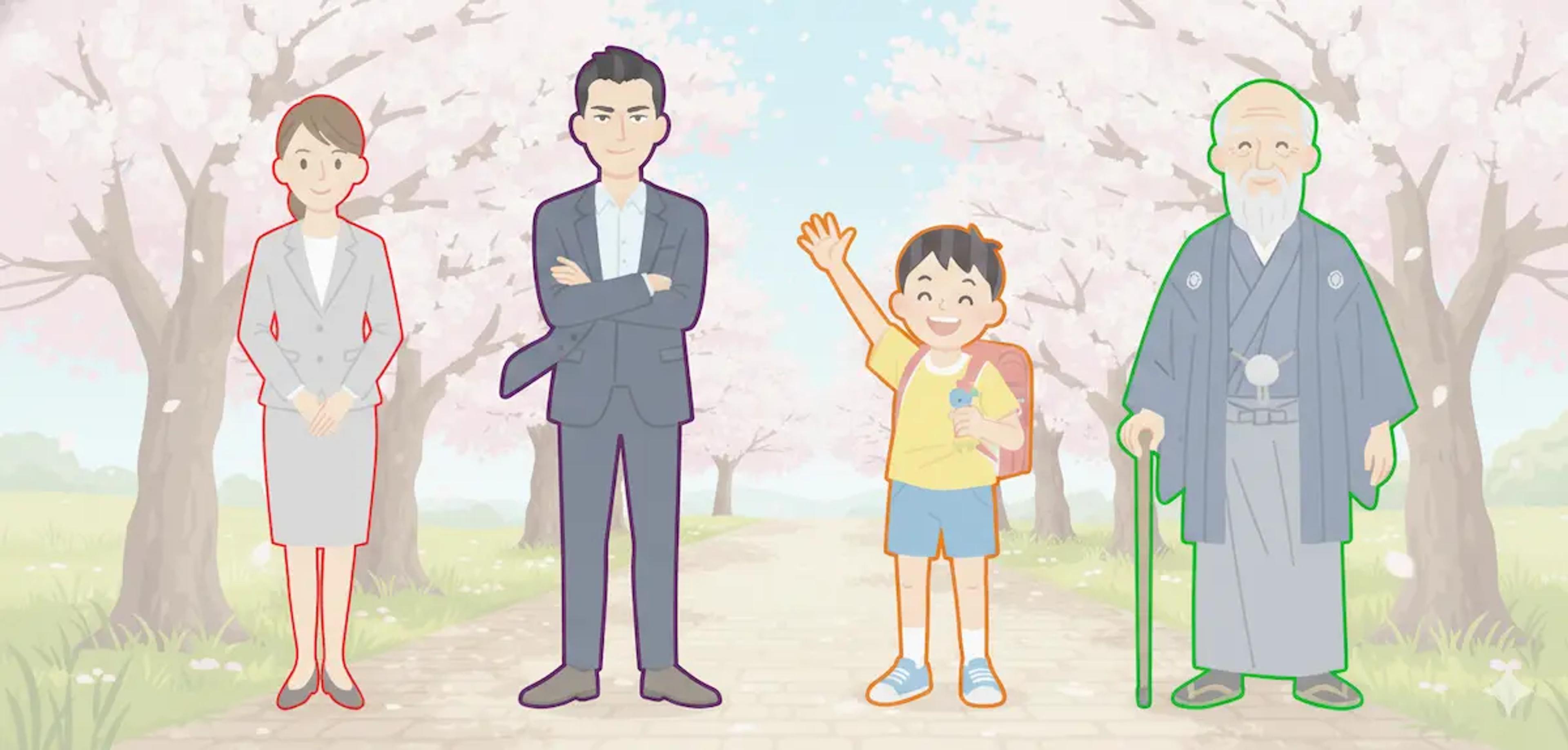 Japanese First-Person Pronouns: Illustrations of Watashi, Ore, Boku, and Washi represented by a businesswoman, businessman, boy with a randoseru, and an elderly man in traditional wear, standing on a cherry blossom path.