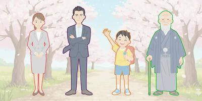 Japanese First-Person Pronouns: Illustrations of Watashi, Ore, Boku, and Washi represented by a businesswoman, businessman, boy with a randoseru, and an elderly man in traditional wear, standing on a cherry blossom path.