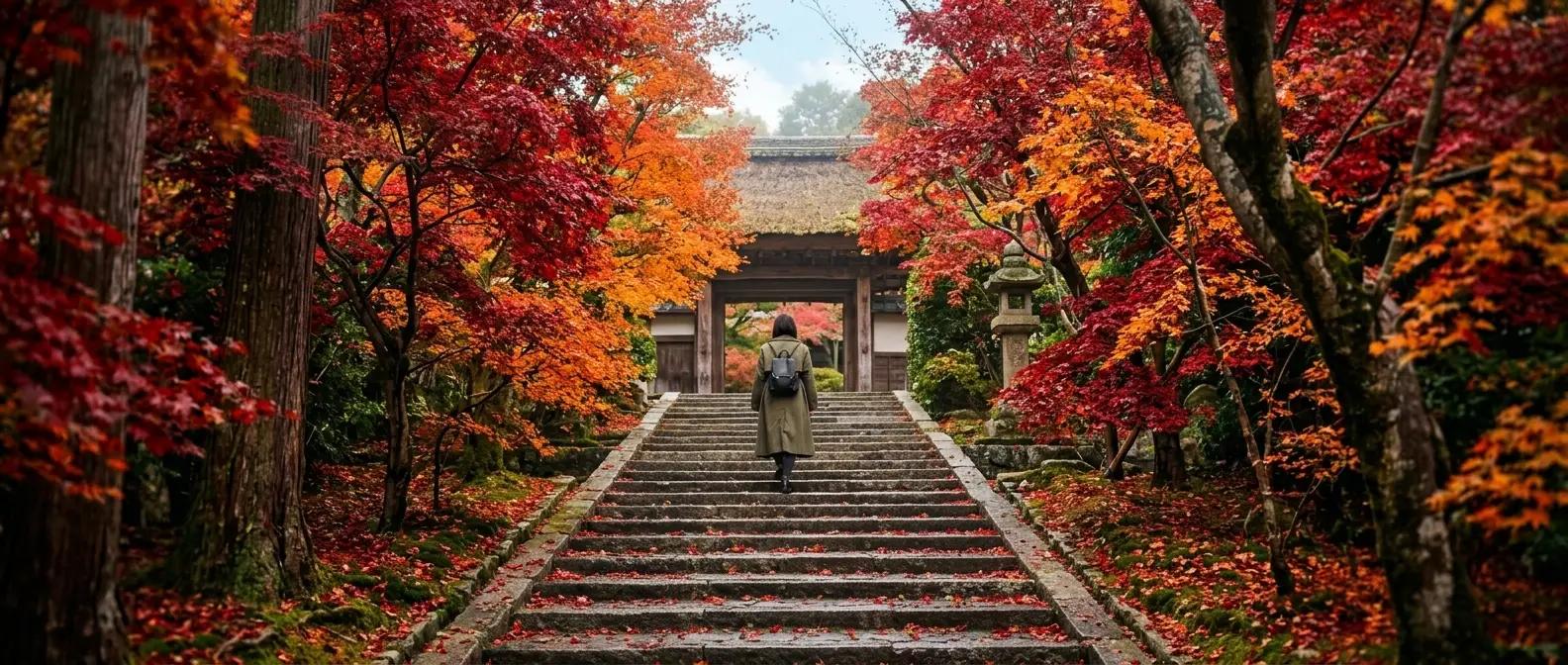 A person climbing wet stone steps surrounded by vibrant red and orange maple trees leading to a traditional Kyoto temple gate in autumn.