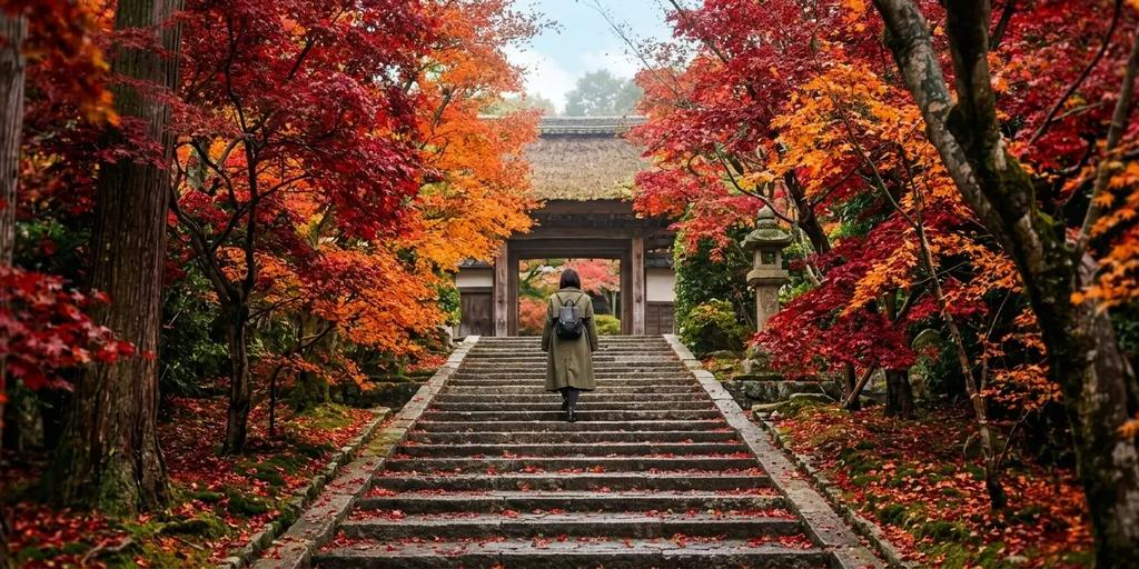 A person climbing wet stone steps surrounded by vibrant red and orange maple trees leading to a traditional Kyoto temple gate in autumn.