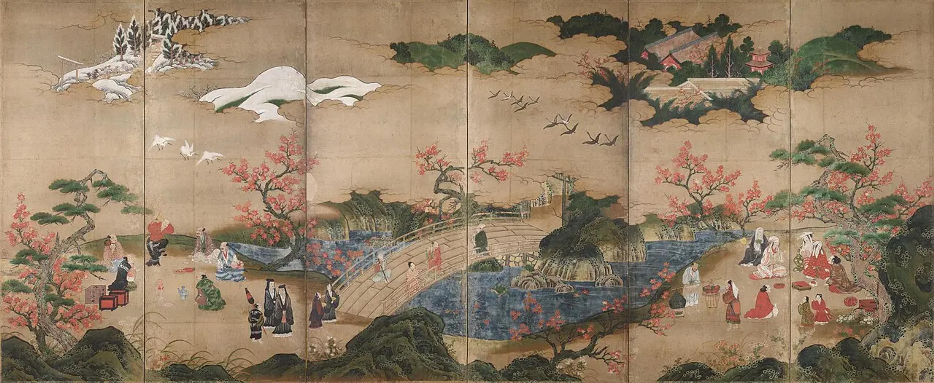 Kano Hideyori's "Maple Viewers" (Kanpu-zu Byobu), a 16th-century Japanese National Treasure showing people enjoying fall foliage and a picnic under autumn leaves in Kyoto.