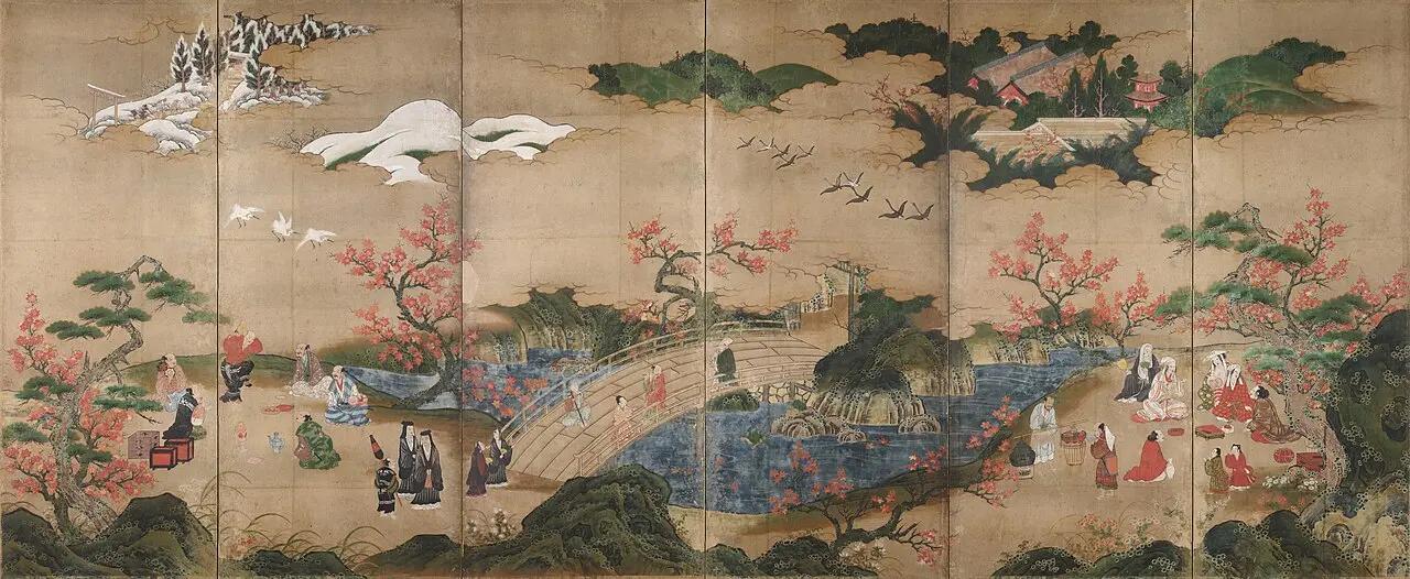 Kano Hideyori's "Maple Viewers" (Kanpu-zu Byobu), a 16th-century Japanese National Treasure showing people enjoying fall foliage and a picnic under autumn leaves in Kyoto.