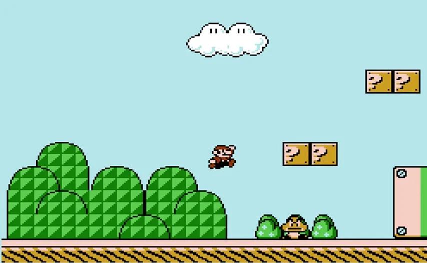 Image of Mario and a Gumba or Kuribo in Super Mario Bros.