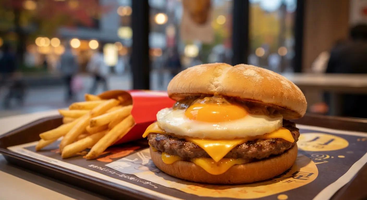 A close-up cross-section of a Tsukimi Burger cut in half, showcasing layers of a poached egg with runny yolk, beef patty, melted cheese, and bacon inside a toasted bun.