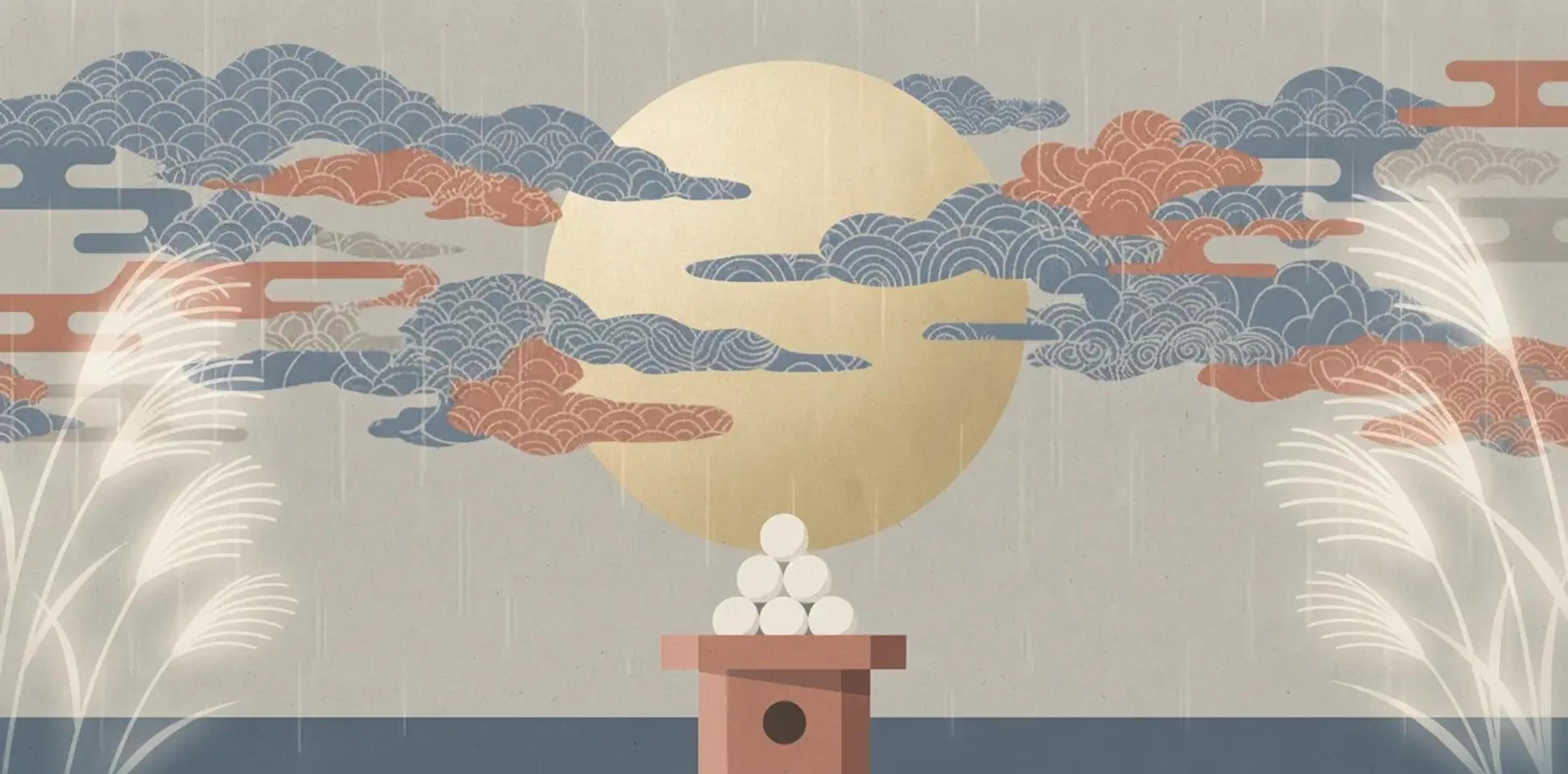 Tsukimi festival illustration depicting Ugetsu (rainy moon) with a full moon behind clouds, dango, and glowing pampas grass