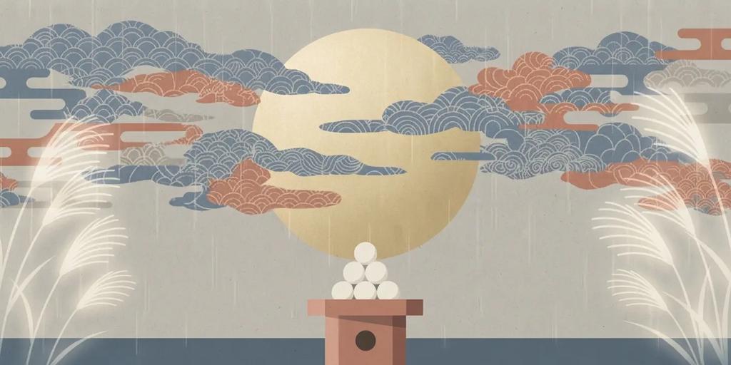 Tsukimi festival illustration depicting Ugetsu (rainy moon) with a full moon behind clouds, dango, and glowing pampas grass