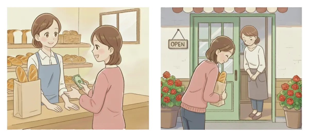 A woman purchasing bread from a baker, and another woman bowing to a customer outside a bakery.