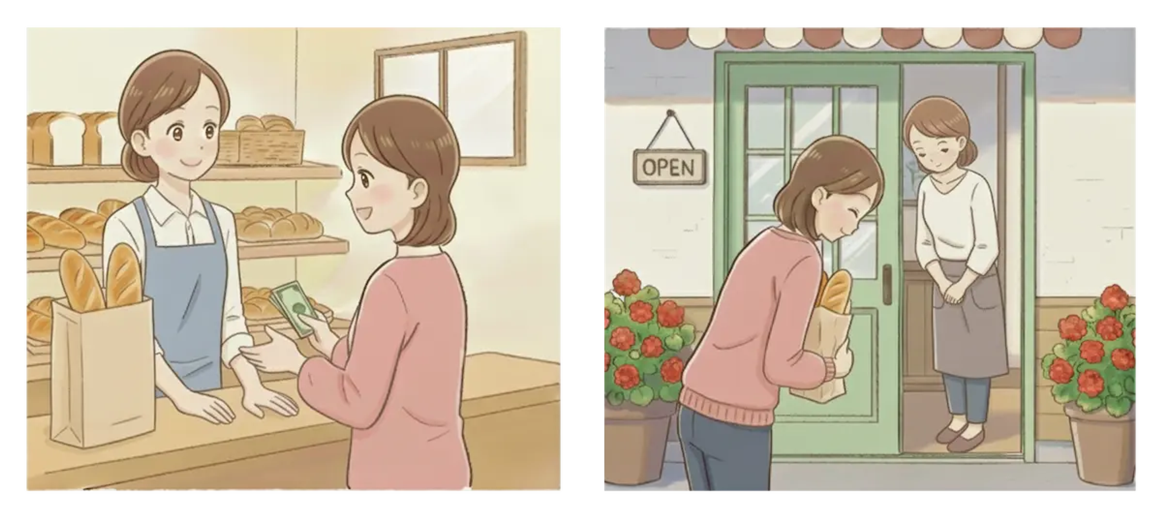 A woman purchasing bread from a baker, and another woman bowing to a customer outside a bakery.